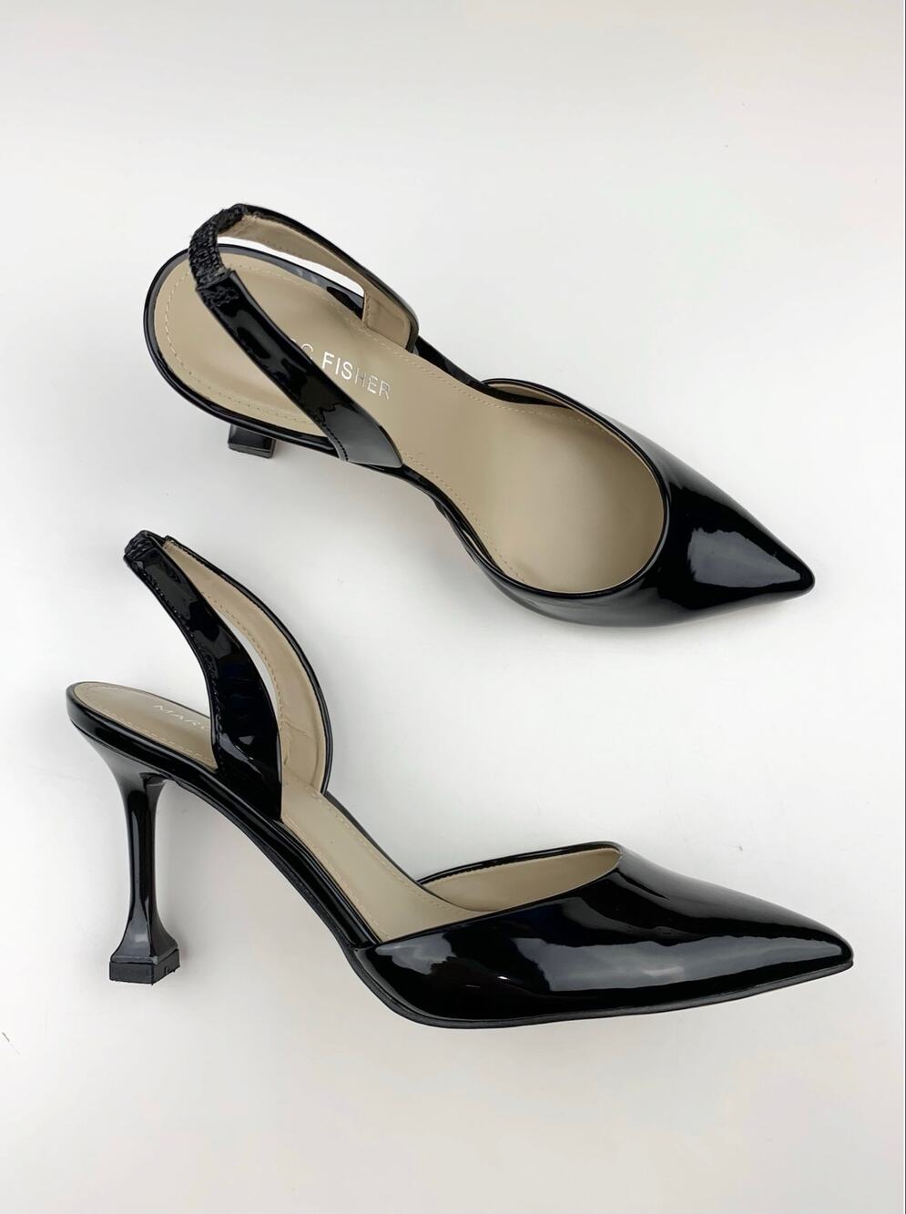 Marc Fisher Hadya Slingback Heels Pointed Toe Black Shiny Pumps Women's 6.5